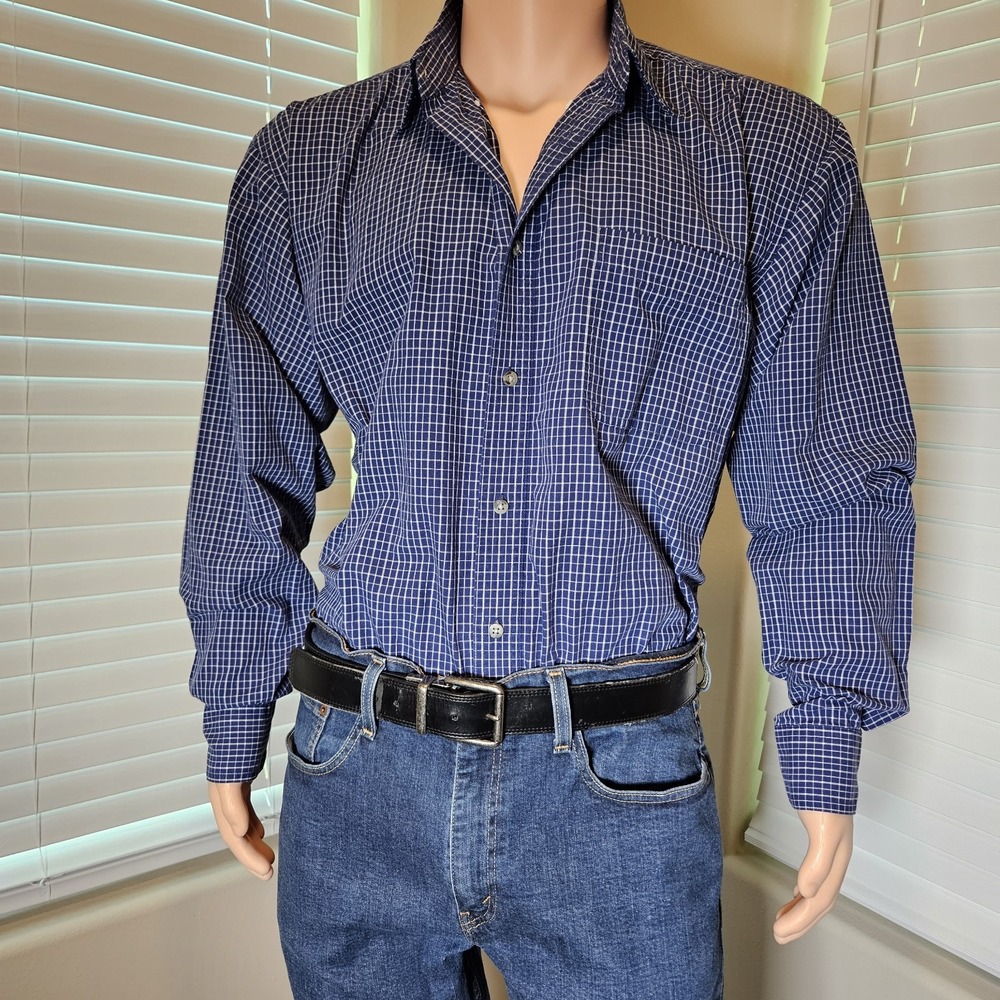 Wrangler Riata Mens Navy Blue White Micro Grid Check Button Down Shirt XL - Picture 3 of 16